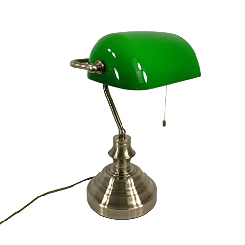 Bankerslampe Schreibtischleuchte mit Zugschalter Fassung E27 Bürolampe altmessing Schirm grün Arbeits-Nachttisch-Tisch-Lampe-Leuchte Nostalgielampe