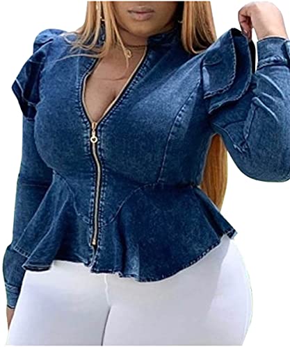 X-xyA Frauen Denim Plus Size Jacke Mode Cropped Cardigan Stehkragen Reißverschluss Denim Mantel,Blau,3XL