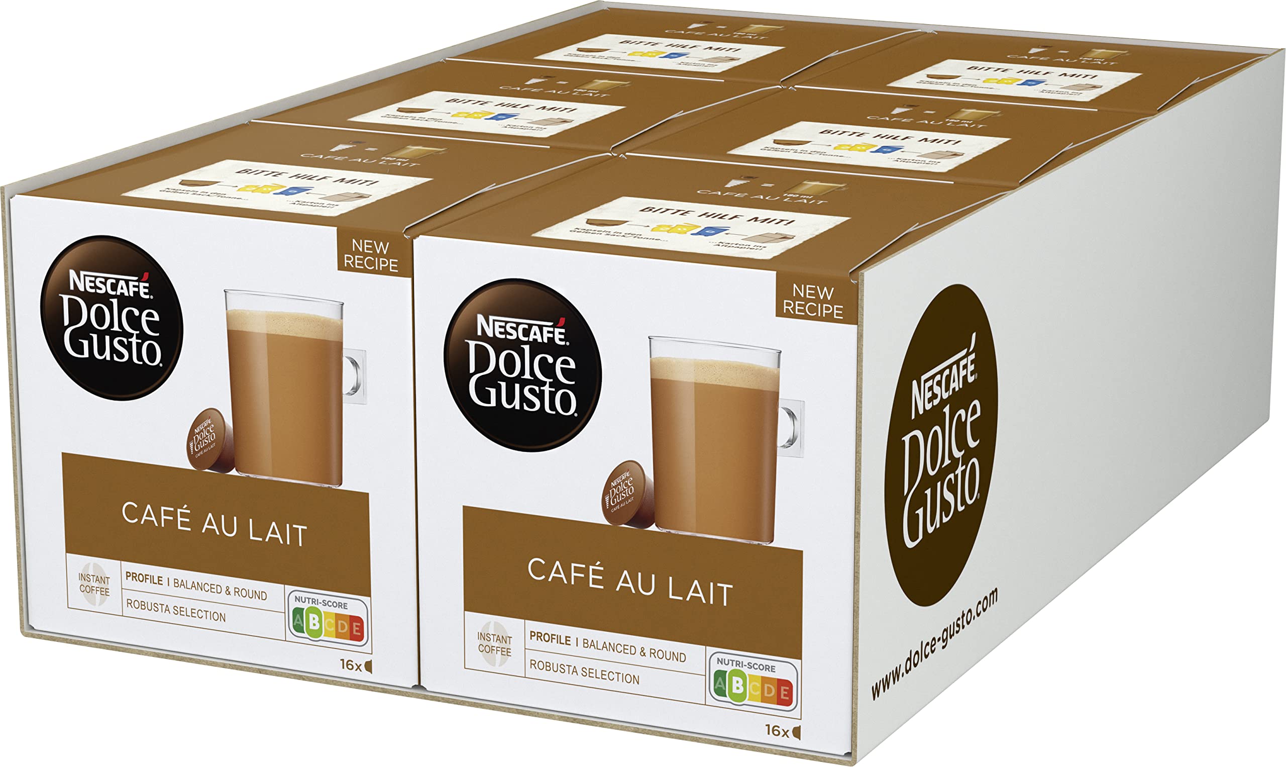 NESCAFÉ Dolce Gusto Café au Lait 96 Kaffeekapseln (ausgewählte Robusta Bohnen, Leichter Kaffeegenuss mit cremigem Milchschaum, Aromaversiegelte Kapseln), 6er Pack (6x16 Kapseln)