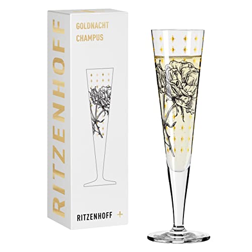 Ritzenhoff 1071030 Champagnerglas 200 ml – Serie Goldnacht Nr. 30 – Rosen-Garten-Motiv mit Echt-Gold – Made in Germany