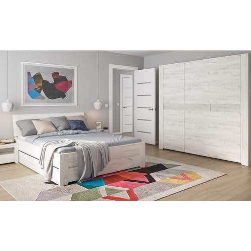 Lomadox Schlafzimmer Set 6-teilig mit Bett 160x200cm,2 Nachttische, 2 Bettschubladen, Kleiderschrank in Craft Eiche weiß Modern