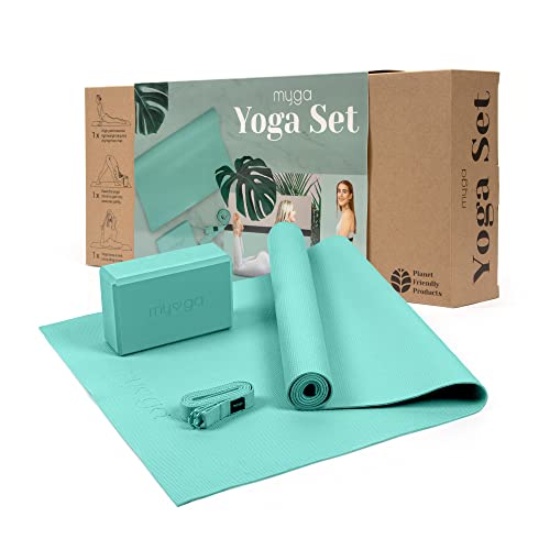 Myga Yoga Starter Set mit Studio Yogamatte, Yogablock und Yogagurt - Yoga Anfänger Starter Kit