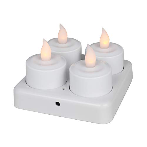 EuroFone wiederaufladbare LED Kerzen Flackern Teelicht Kerze Flammenlos mit Ladestation Halter (4 Stück) (Yellow with remote)