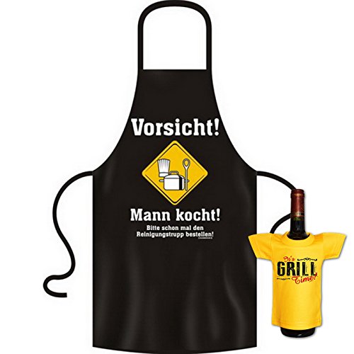 Kochschürze Mann kocht Grill Koch Küchenschürze Schürze Männer Geschenke Set geil bedruckt mit Mini Flaschenshirt (ohne Flasche)