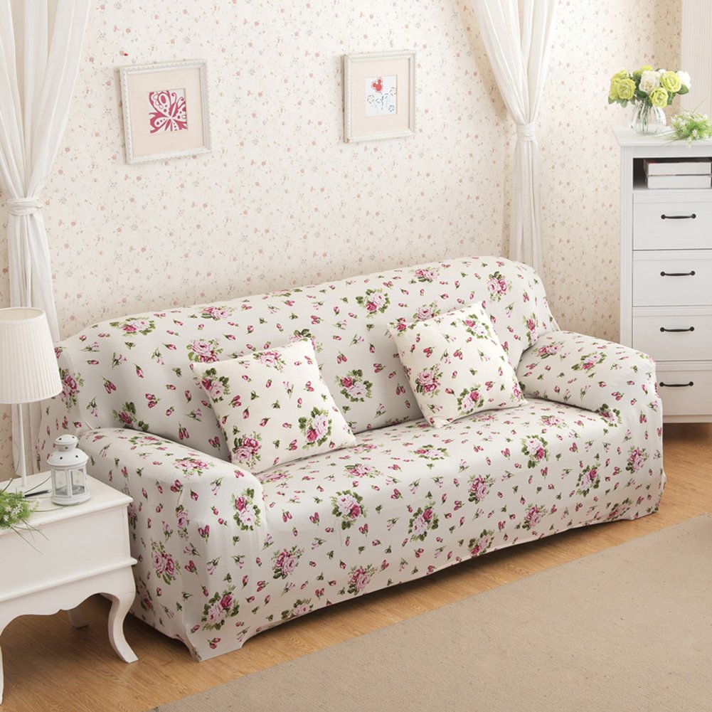 Sofa für 3-Sitzer-Sofa Schonbezug Stretch Elastic Pet Dog Polyester-Couch Displayschutzfolie-Soft Couch Cover Floral Print Bettüberwurf, white rose, 3-Sitzer