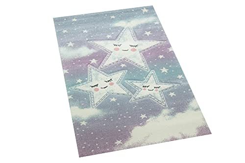 Teppich-Traum Kinderzimmer Teppich Spielteppich Himmel Wolken Sterne Design blau Creme Größe 80x150 cm