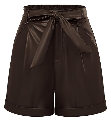 Belle Poque Sommer Shorts mit Schleife Leder Kurze Hose mit Taschen Dunkelbraun M