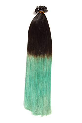 Ombré Keratin Bonding Extensions aus 100% Remy Echthaar/Human Hair- 150x 1g 50cm Glatte Strähnen - Haare Keratin Bondings U-Tip als Haarverlängerung und Haarverdichtung: Farbe Naturschwarz/Sky