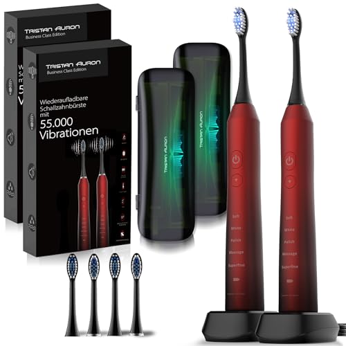Tristan Auron Schallzahnbürste Doppelpack 55000 VPM + UV Case - 60 Tage Akku - 5 Putzmodi - Wasserdicht - Ladegerät für elektrische Zahnbürste (rot)