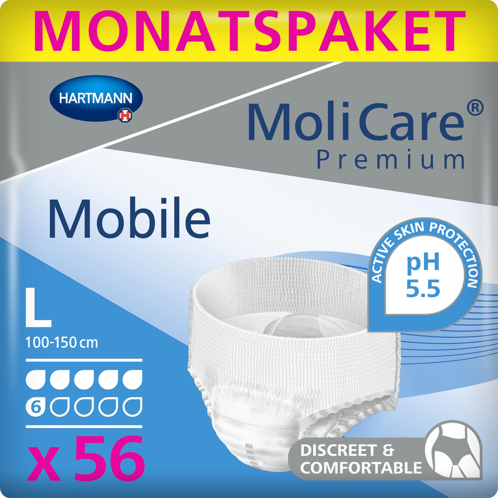 MoliCare Premium Mobile Einweghose: Diskrete Anwendung bei Inkontinenz für Frauen und Männer; 6 Tropfen, Gr. L (100-150 cm Hüftumfang), 4x14 Stück