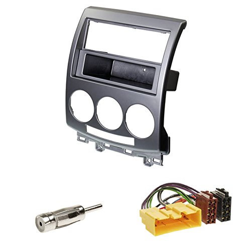 Einbauset : Autoradio Doppel-DIN Blende / 2-DIN Radioblende mit Ablagefach Silber + ISO - Adapter • Antennenadapter ISO -> DIN für Mazda 5 Baujahr 2006-2012