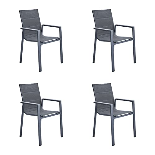 NATERIAL - 4er Set Gartenstühle Orion Gamma II mit Armlehnen - 4 Gartensessel - Stapelbar - Terrassenstühle - Essstühle - Aluminium - Textilene - Dunkelgrau