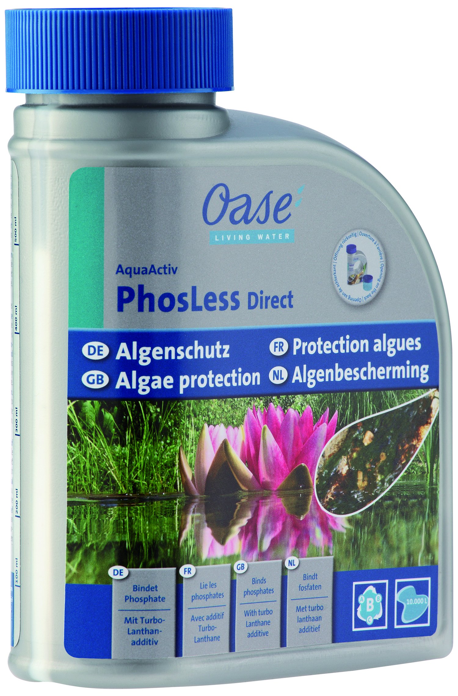 OASE 51284 AquaActiv OASE AquaActiv PhosLess Direct Algenschutz 500 ml schnell wirksamer Phosphatbinder bindet überschüssige Phosphate im Teich Gartenteich Schwimmteich Koiteich Fischteich