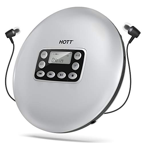 HOTT CD711T Tragbarer Bluetooth CD Player Wiederaufladbarer für zu Hause, unterwegs und im Auto mit Stereo-Kopfhörern und, Anti-Schock-Schutz-Silber
