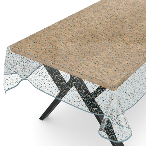 ANRO Tischdecke transparent Folie durchsichtige Wachstuchtischdecke Tischschutz Schutzfolie Tischfolie Bedruckt Motiv Terrazo 200 x 140cm mit Saum