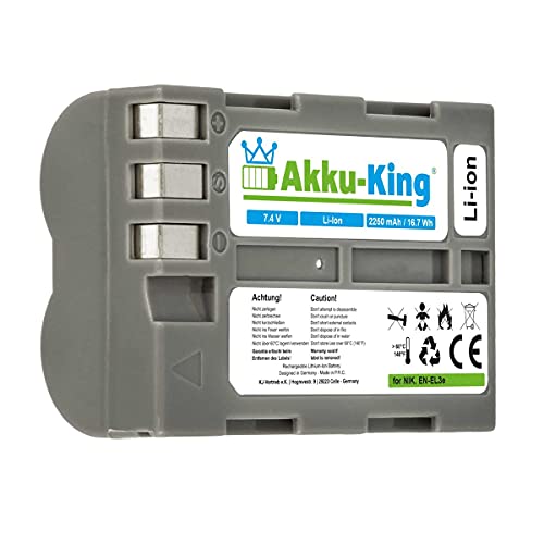 Akku-King Akku kompatibel mit Nikon EN-EL3e, EN-EL3e-2 - Li-Ion 2250mAh - für D100 SLR, DSLR D700, D50, D100, D90, D80, D300, D70, D70s, D200, D300S