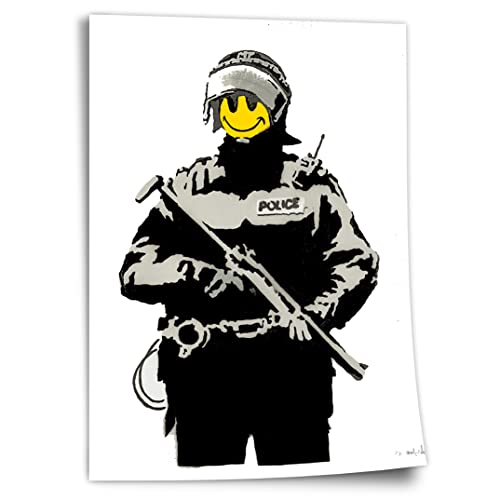 Poster aus Baumwolle Banksy Polizei - Police Smiley - Modern Street-Art - Moderner Kunstdruck Klein bis Groß XXL - Geschenk Wohnzimmer, Schlafzimmer Kunstdruck ohne Rahmen, Wandbild - A4, A3, A2, A.
