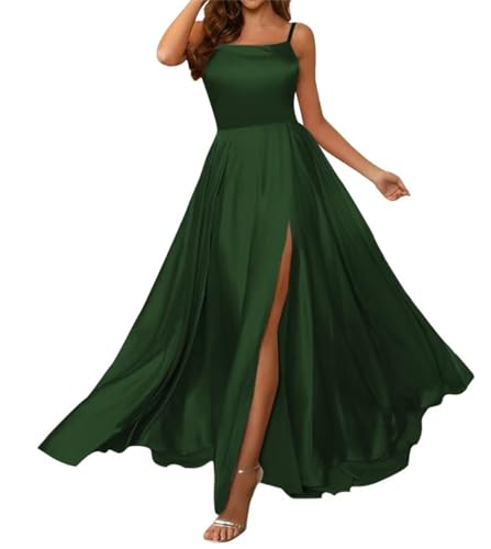 Langes, gerüschtes Brautjungfernkleid für Damen, mit Taschen, Spaghettiträgern, formelles Kleid für Hochzeit, mit Schlitz, grün, 44