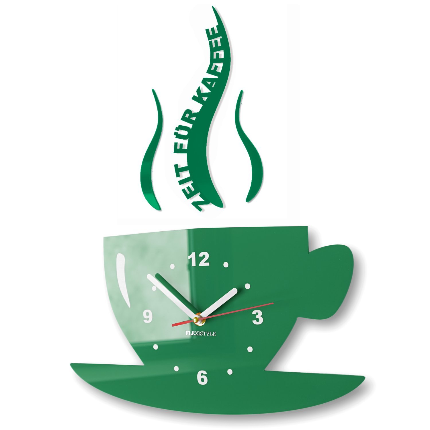 FLEXISTYLE Tasse Zeit für Kaffee Moderne Küche Wanduhr, 3D römisch, wanduhr deko (dunkelgrün)