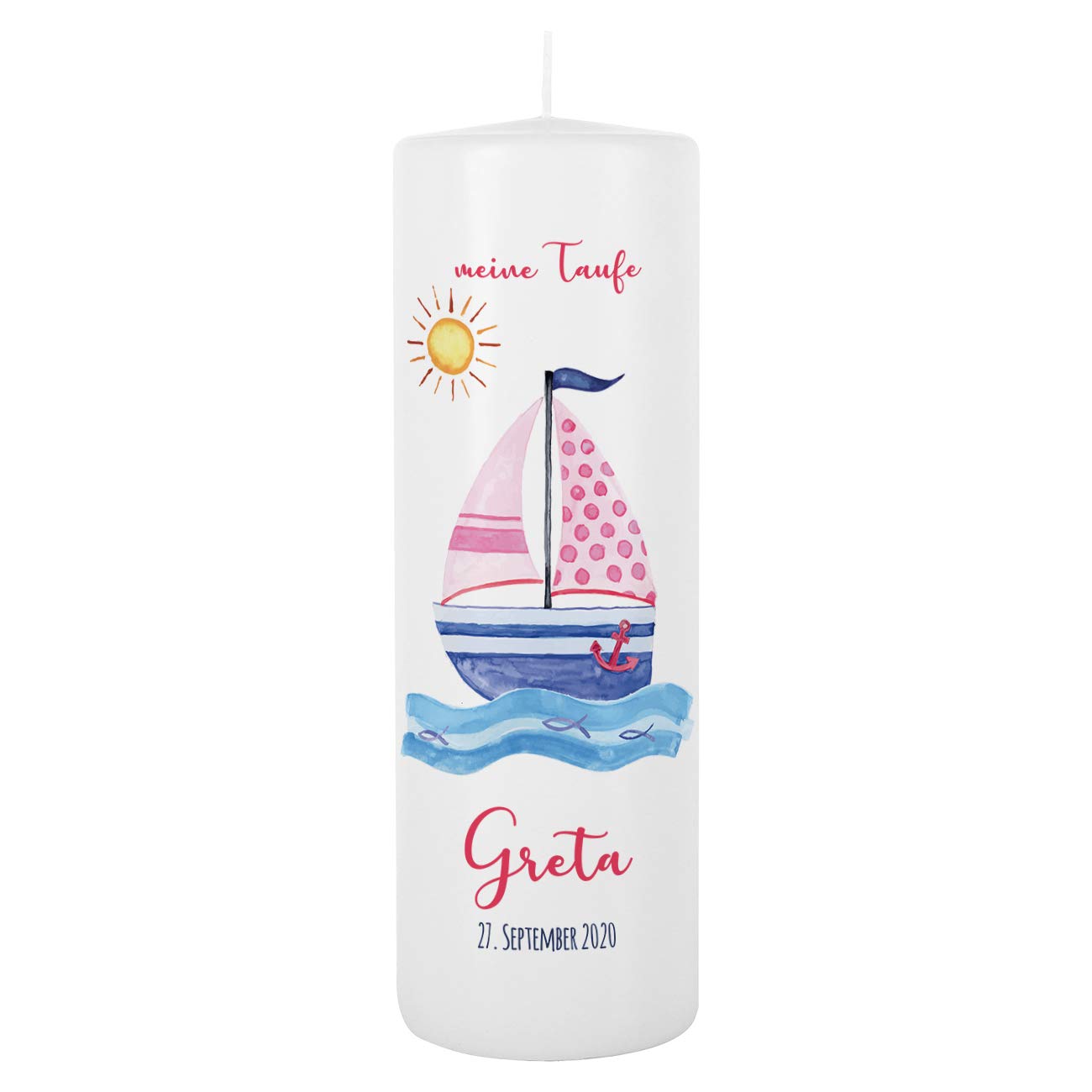 Striefchen® Taufkerze für Mädchen mit Namen u. Taufdatum sowie eigenen Taufspruch 8 x 25 cm - Motiv Segelschiff