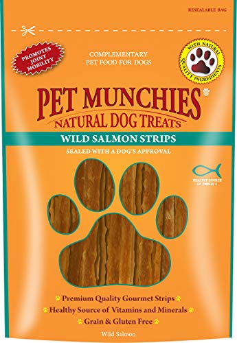 Pet Munchies Wild Salmon Strips Hundeleckerli, Premium Getreidefreies Hundekauspielzeug mit natürlichem Echtfleisch, 80 g (8 Stück)