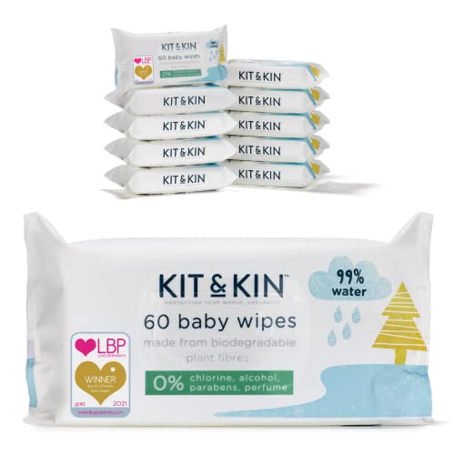 Kit & Kin 100% biologisch abbaubare Baby Feuchttücher, 10 x 60 Stück. Plastikfrei in recyclebarer Verpackung. Jede Packung unterstützt den Schutz des Regenwaldes. (600 Tücher)