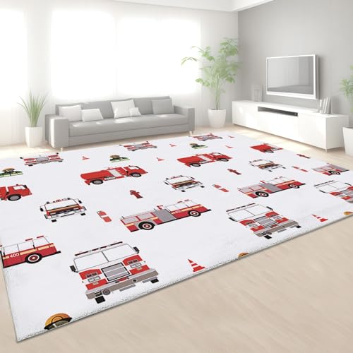 CozyRest Cartoon-Rotes Feuerwehrauto-Muster Teppich Wohnzimmer Schlafzimmer 80x150 cm, Kurzflor Teppich rutschfeste Weiche Flanell Waschbar, Deko Teppich für Kinderzimmer, Küche, Unter Dem Esstisch