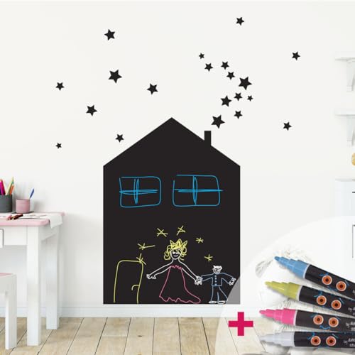 Kreidetafel-Aufkleber, selbstklebend, abwischbar – Haus und 20 Sterne + 4 flüssige Kreide – 60 x 45 cm