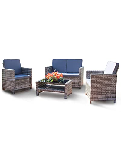 Swing & Harmonie Rattan Lounge Sitzgruppe für 4 Personen Sitzgarnitur Gartenmöbel Set Polyrattan Sofa Garnitur (Grau)