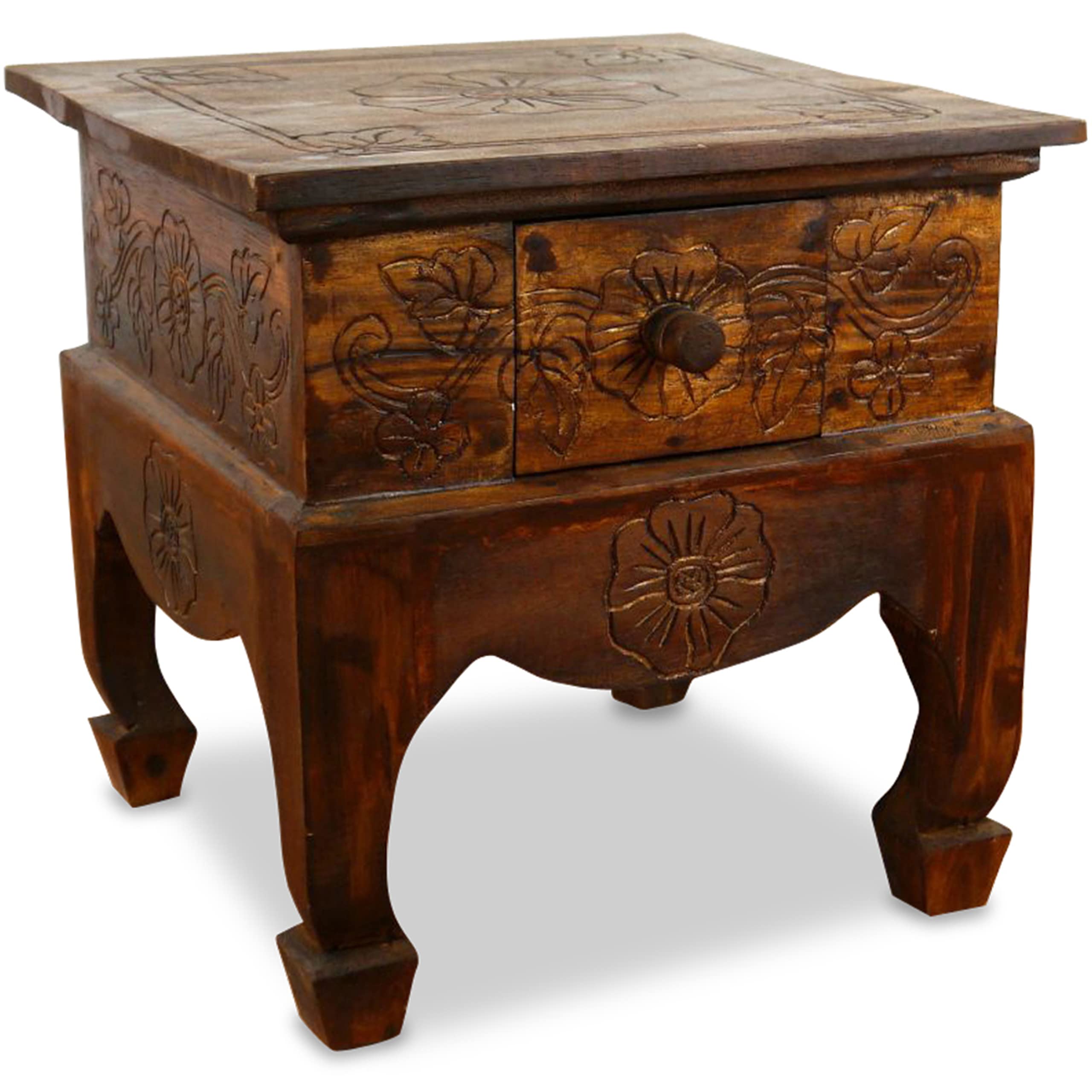 livasia Opiumtisch mit Schublade, Beistelltisch, Couchtisch, Nachttisch, Holztisch aus Bali, Handarbeit, 39x39cm (Braun)