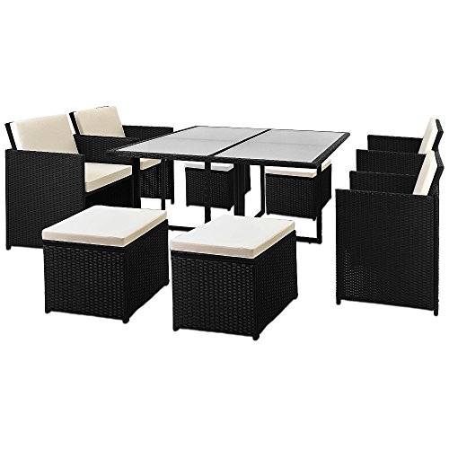 Casaria Poly Rattan 9tlg Sitzgruppe Cube Tisch 120x120cm 4 Stühle 4 Hocker 7cm Auflagen & Kissen Sitzgarnitur Gartenmöbel Set