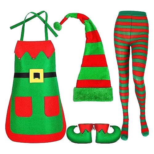Jextou Elfen-Outfit für Frauen,Rot-grün gestreifter Weihnachtself mit Plüschmütze | Weihnachtselfen-Zubehör für Party-Rollenspiele, Weihnachtsküchen-Kochschürzen für Weihnachten, Halloween, Neujahr