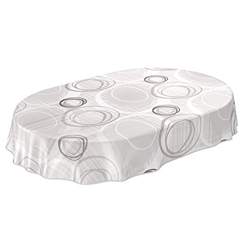 ANRO Tischdecke Wachstuch abwaschbar Wachstuchtischdecke Wachstischdecke Kreise Geometrie Weiß Silber Oval 240x140cm mit Saum - Eingefasst