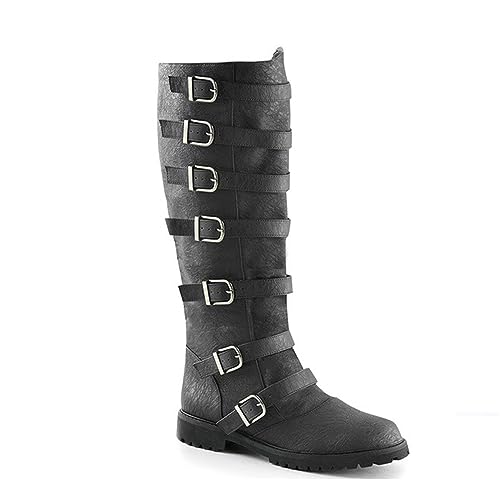 Mens Mid-Calf Stiefel mit 7 Schnalle Knielänge Schnürsenkel UP Schuhe Renaissance Mittelalter Cosplay Stiefel für Bühne Performance Requisiten,Schwarz,48