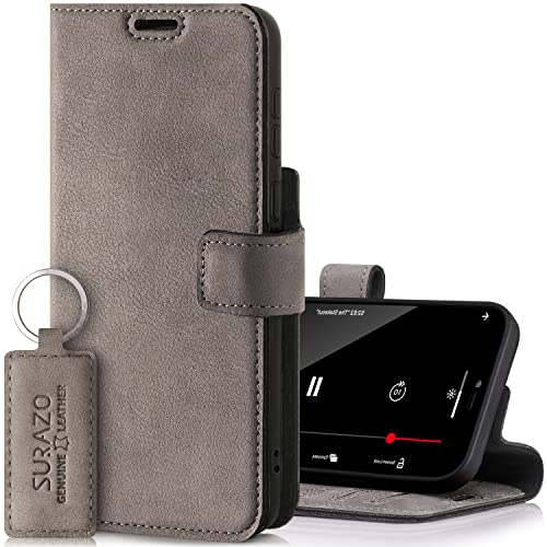 SURAZO Prestige Handyhülle für Apple iPhone 13 – Premium Echtleder Hülle Schutzhülle mit [Standfunktion, Kartenfach, RFID Schutz] – Klapphülle Wallet case Handmade in Europe (Grau)