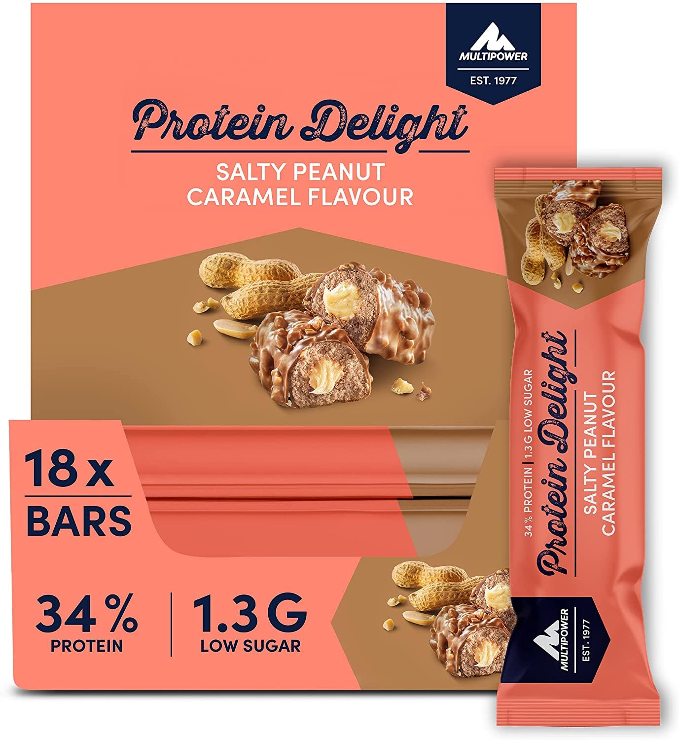 Multipower Protein Delight Eiweißriegel – 18 x 35 g Protein Riegel Box (630 g) – Leckerer Energieriegel – Salty Peanut Caramel