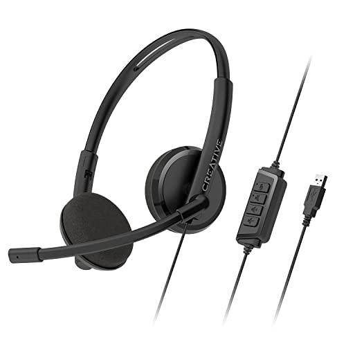 CREATIVE HS-220 USB-On-Ear-Headset mit Geräuschunterdrückung, Kondensatormikrofon, Inline-Mikrofon, Stummschaltung/Lautstärkeregler, Plug-and-Play für Videoanrufe