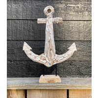 Anker auf Ständer Holzskulptur Dekofigur Maritim Naturdeko Holz Weiß 38cm