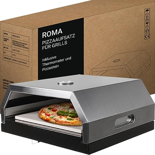 Heidenfeld Pizzaaufsatz Roma - Grillaufsatz - Pizzamaker - Edelstahl - 315°C - Thermometer inklusive - Pizzabox - integrierter Pizzastein - für Holzkohlegrill und Gasgrill - Pizza Maker