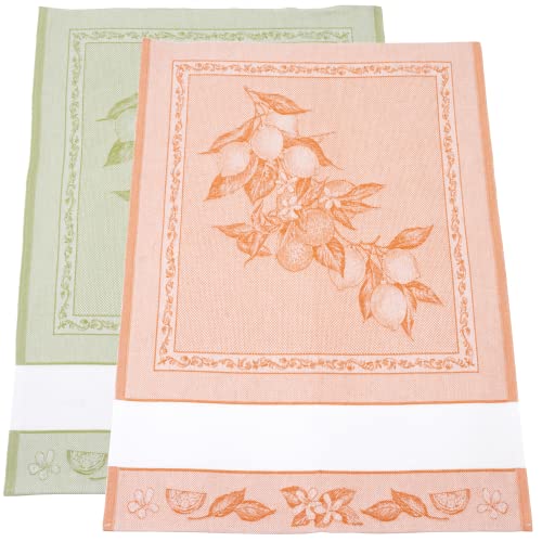 Filet - Set mit 2 Geschirrtüchern aus Jacquard mit Einsatz aus Leinwand Aida 55 Löcher zum Sticken, ideal zum Trocknen von Geschirr, hergestellt in Italien, Zitronen-Design, Farbe Orange und Grün