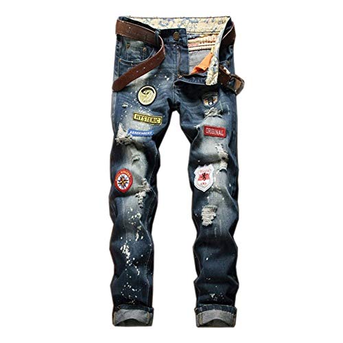 Herren Slim Jeans Zerrissen Straight Leg Herrenmode Clubwear Hrenjeans Jeanshose Freizeithose Retro Abzeichen Denim Hose (Color : Blau, Size : 30-Waist76CM)