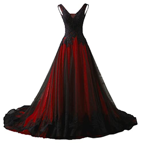 NaTengs Damen Applique Gothic Hochzeitskleid V Ausschnitt A Linie Brautkleid mit Schleppe, rot, 36