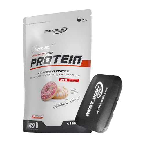 1kg Best Body Nutrition Gourmet 4 Komponenten Protein Eiweißshake - Set inkl. Protein Shaker / Gratiszugabe (Birthday Donut, Best Body Tablettenbox)