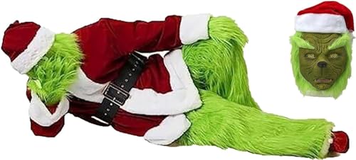 Weihnachtsmann-Outfit, generische Weihnachts-Grinch-Kostüme for Erwachsene, 7-teilig, Deluxe-Pelz-Outfit-Set, Cosplay-Urlaubsset, Weihnachtsanzug mit Maske, Mütze, Mantel, Gürtel, Hose, Socken und Han