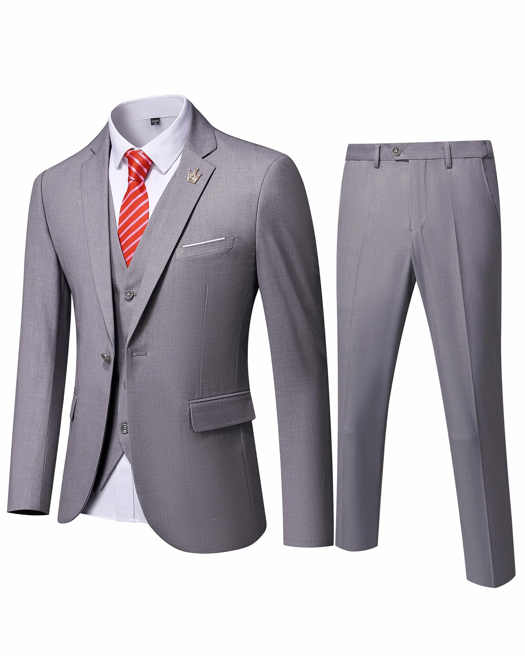 EastSide Herren Slim Fit 3-teiliger Anzug, Ein-Knopf-Blazer-Set, Jacke Weste & Hose, Hellgrau, S
