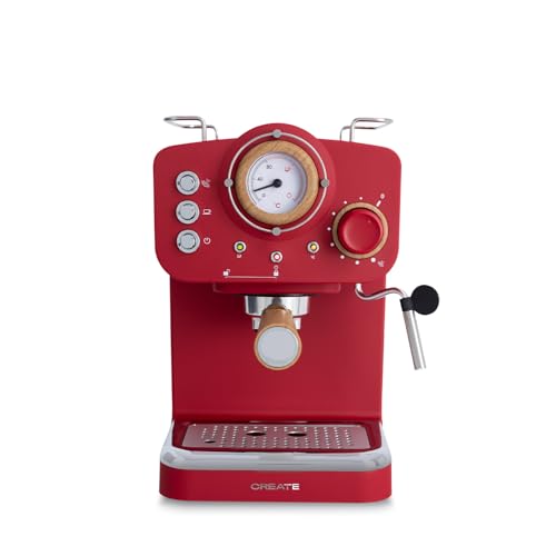 CREATE / THERA MATT RETRO/Kaffeemaschine Express rot matt und Holz / gemahlener Kaffee und ESE-Pads / Kaffeeautomat halbautomatisch mit 15 bar Druckpumpe und Leistung 1100 W, mattes Finish