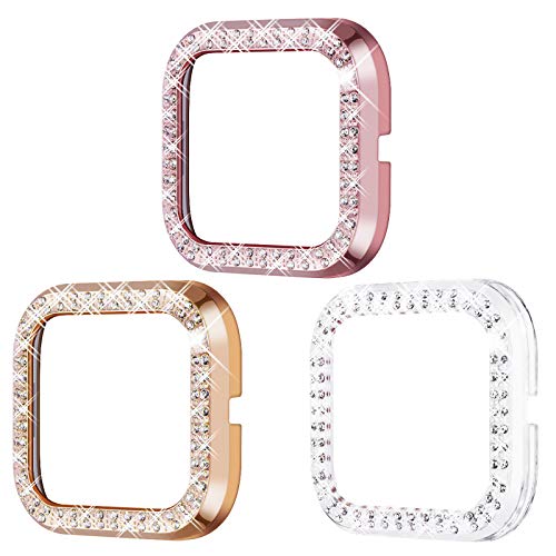 Surace Kompatibel für Fitbit Versa 2 Hülle, Bling Crystal Diamond Frame Schutzhülle Kompatibel für Fitbit Versa 2 Smart Watch (3 Packs, Roségold/Rosagold/Klar