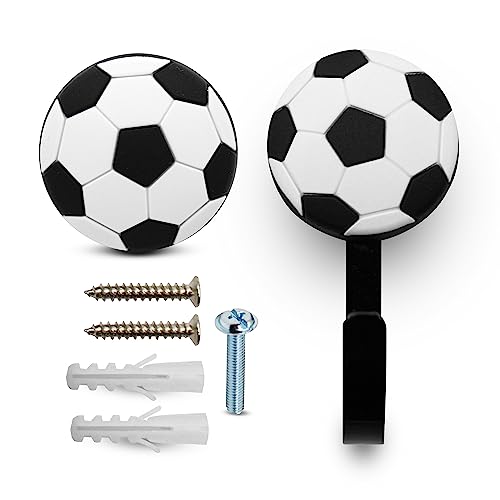 DOJA Barcelona | Möbelknöpfe Kinder + Kinderkleiderbügel | 8 Schrankknöpfe Kinder Fussball und 8 Kinder-Wandhaken Fussball | Aus Gummi und Zink-Aluminium | Kleiderhaken und Schubladenknöpfe