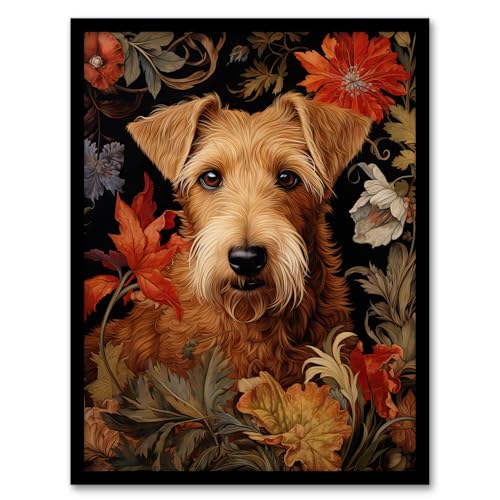 Golden Sealyham Terrier Dog On Elegant Floral Backdrop William Morris Style Pattern Artwork Framed Wall Art Print A4