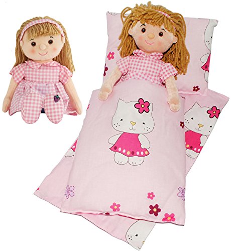 alles-meine.de GmbH 4 TLG. Set: Puppendecke & Kissen - mit Unterlage & Schmusepuppe - Mädchen mit rosa Kleid - aus 100 % Baumwolle - Stoff - Bettwäsche - für Puppen - Bettzeu..